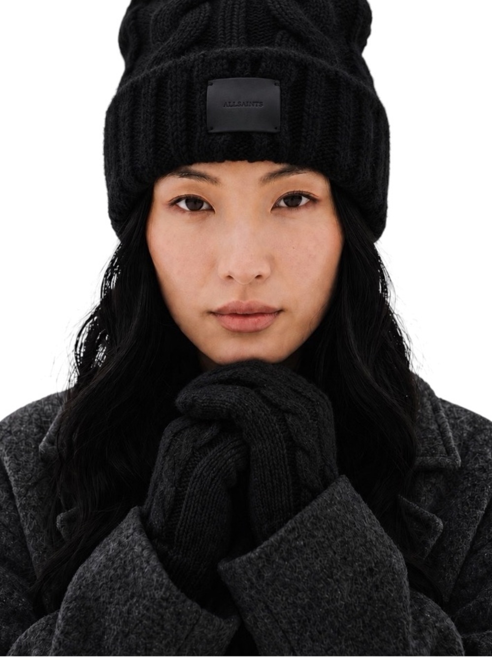 AllSaints Black Soft Chunky Cable Knit Wool Blend Beanie NWOT